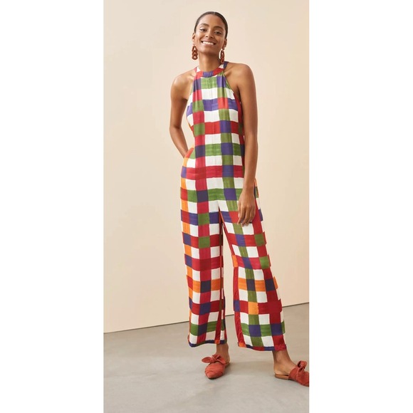 Anthropologie Pants - Farm Rio Anthropologie Jumpsuit Sz L Halter Mock Neck Gingham Colorful Festival